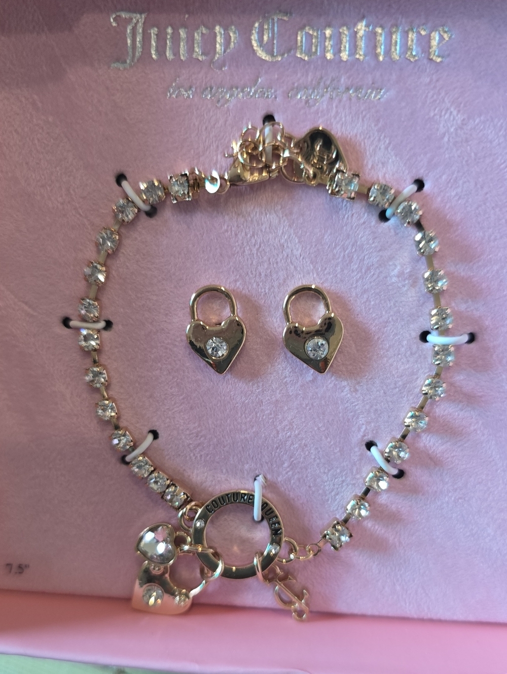 Juicy Couture Gold Tone Crystal Heart Necklace with Matching Heart Lock Earrings